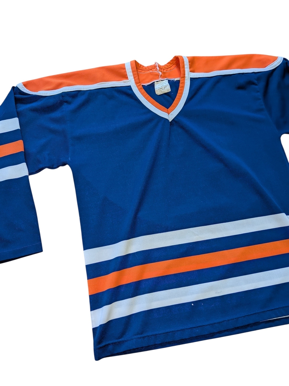 Vintage 80s Edmonton Oilers Blue and Orange V‑Neck Hockey Jersey Made In Canada
